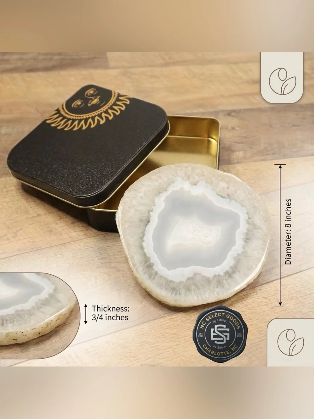Crystal Agate Geode Display Slice 8 inches & Sun Celestial Decorative Tin⁠